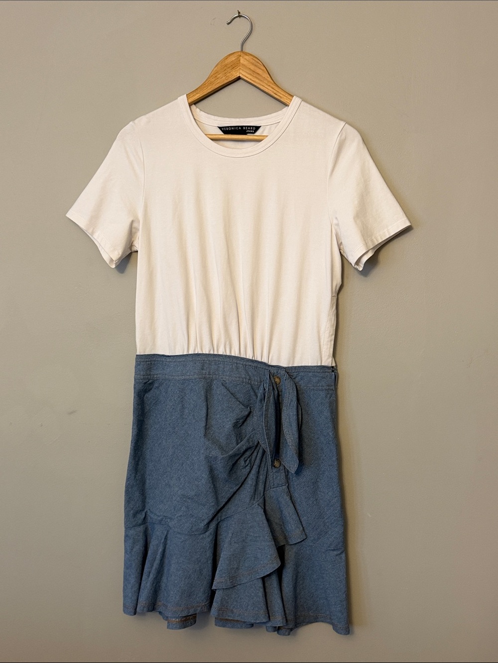 Veronica Beard White & Chambray Tie-Waist Bari Shirt Dress Sz M